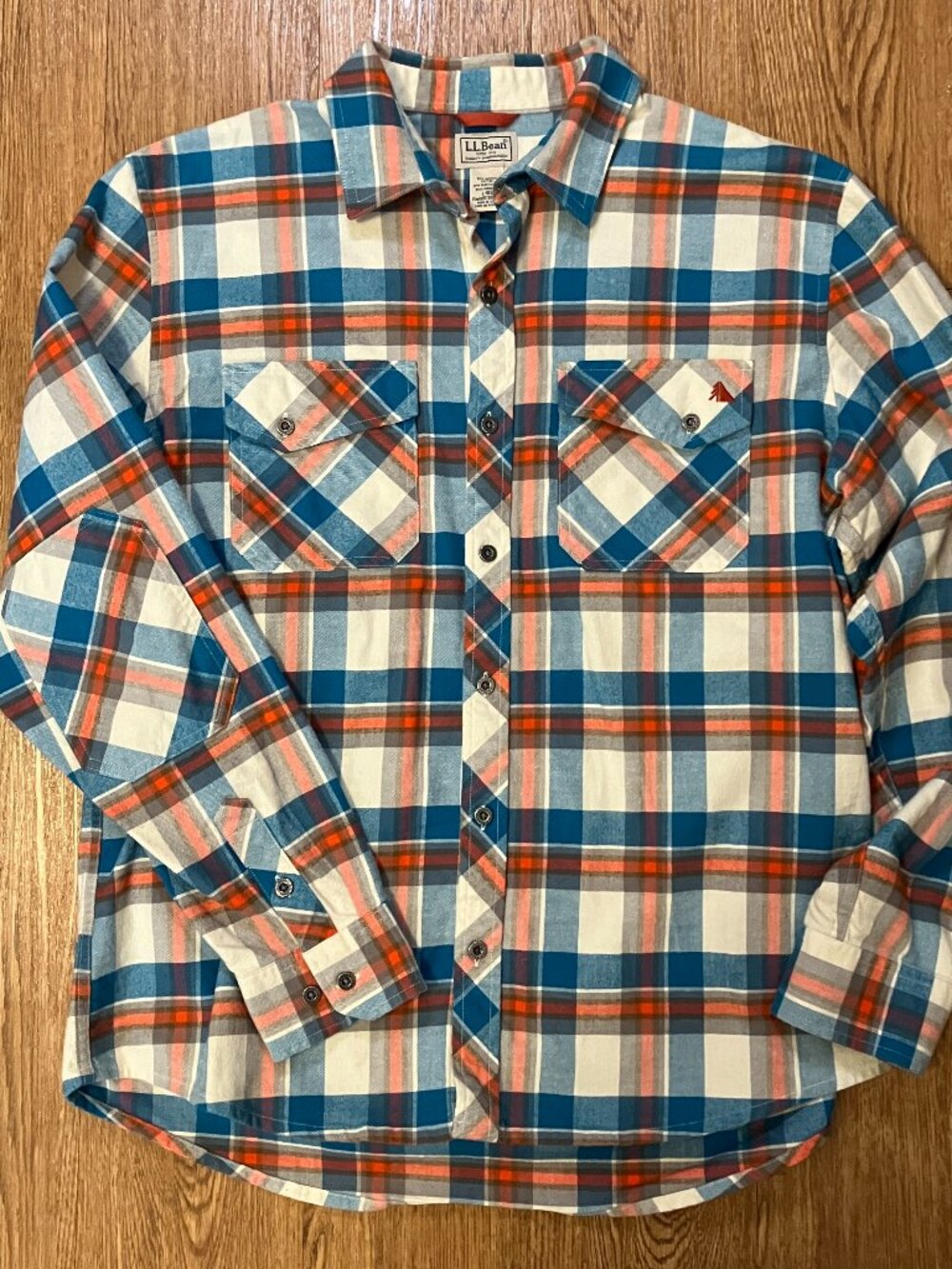 LL Bean Flannel Shirt Mens Large L Regular Plaid Elbow Patch Blue Orange 504187